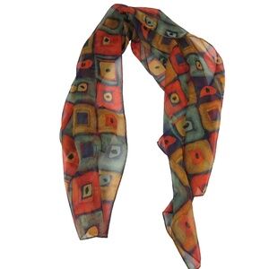 Rectangular sheer scarf, black, green, rusty orange, brownish yellow